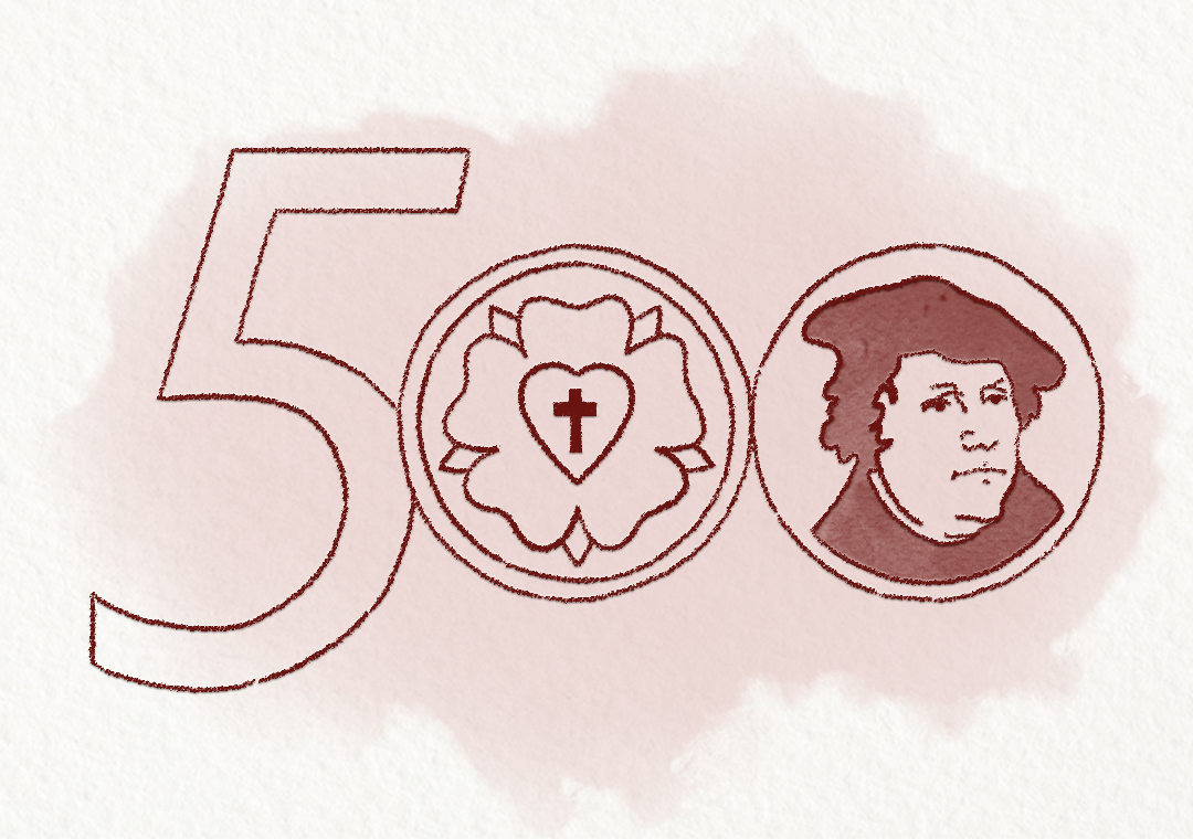 Numero 500 com simbolo e desenho de Lutero, respectivamente em cada zero