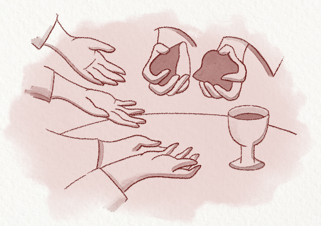Mãos dividindo pão e vinho para outras duas pessoas