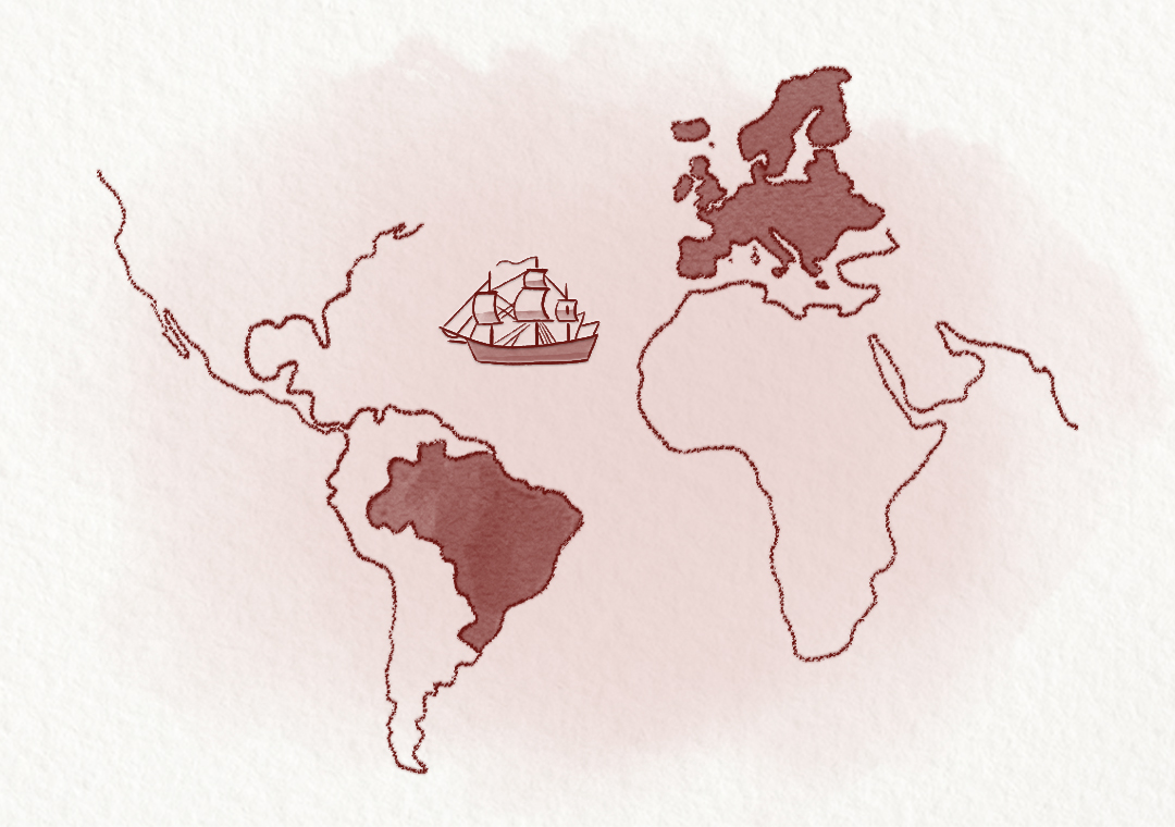 Mapa-múndi com Europa e Brasil destacados e barco entre os dois