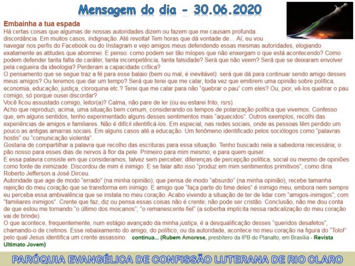 Mensagem do dia - 30.06.2020