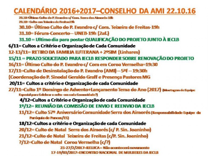 CALENDÁRIO 2016-17 REUNIÃO 22.10.16