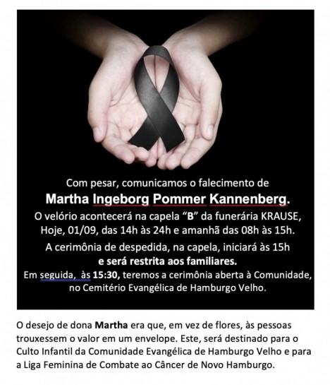 Falecimento de Martha Ingeborg Pommer Kannenberg.